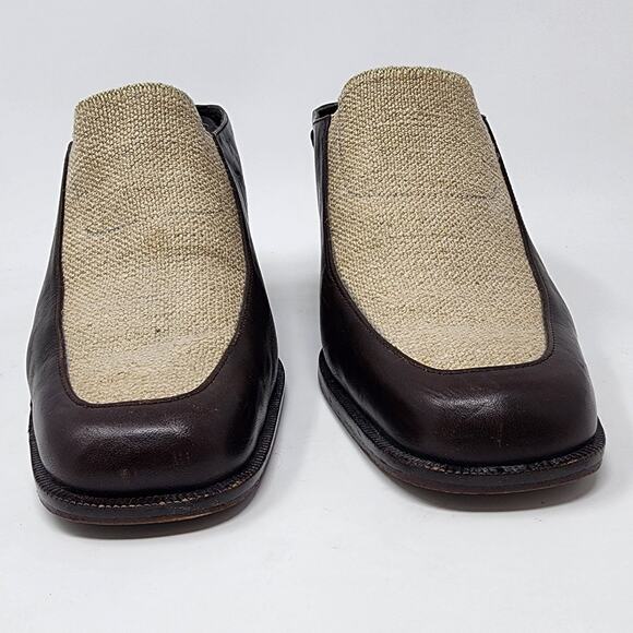 Donald J. Pliner Mules Women 7.5M ISA Brown Leather and Tan Fabric Block Heel - Picture 5 of 10